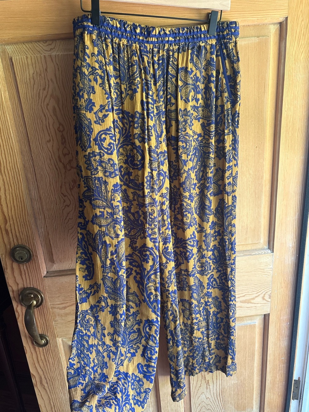 Anthropologie | Hei Hei Mustard Yellow and Royal Blue Wide Leg Pants | Medium